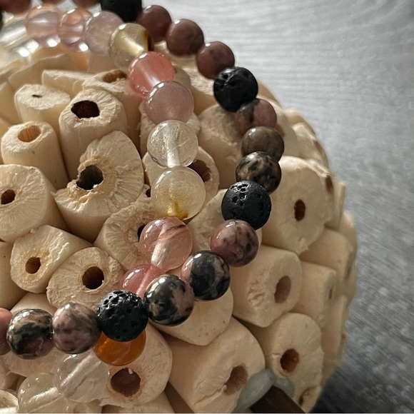 Pink and Black Natural Stone Beaded Bracelet Pink Tourmaline Lava Rhodonite - Picture 4 of 10
